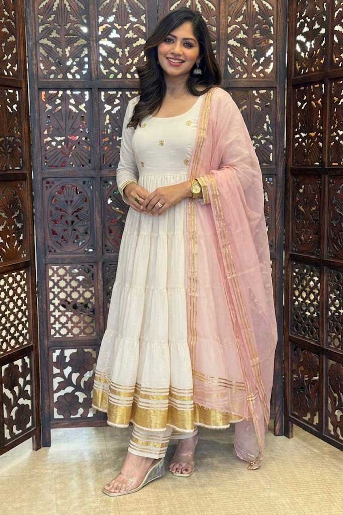 Cream Mulmul Cotton Festive Suit Set with Palazzo & Dupatta
