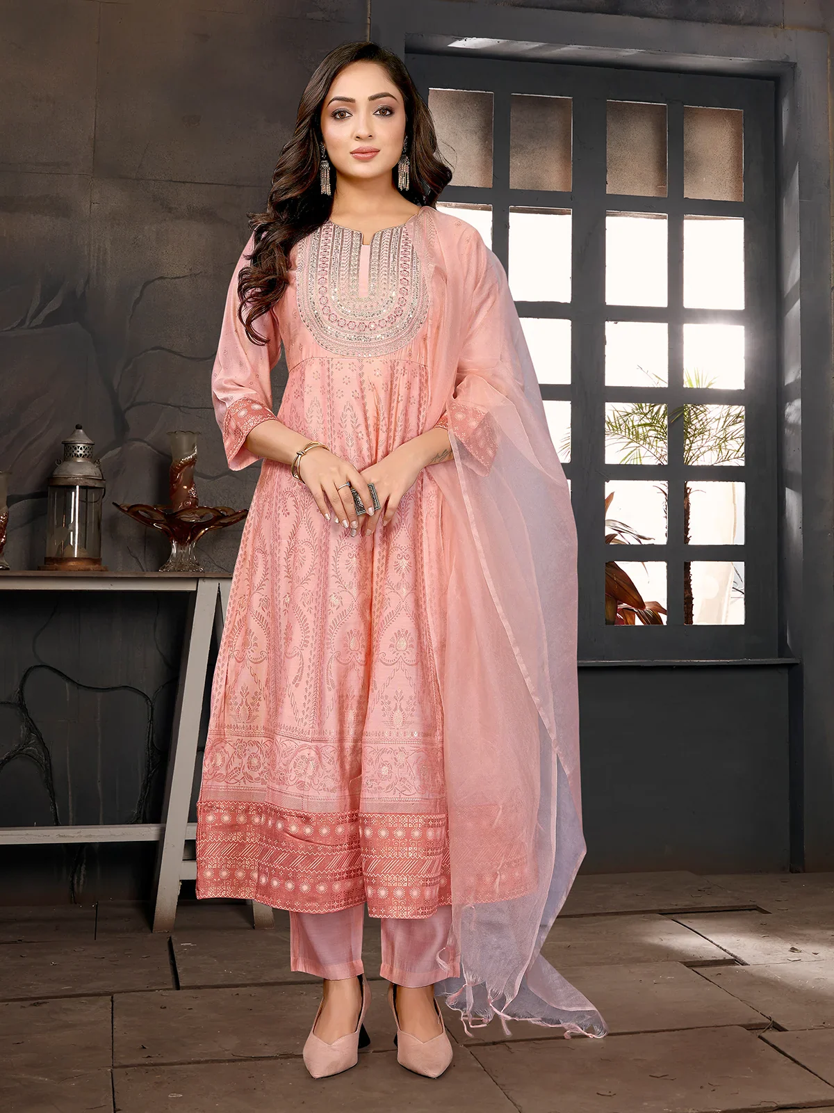 Viscose Blend Embroidered Anarkali Calf Length Kurta with Pant and Dupatta