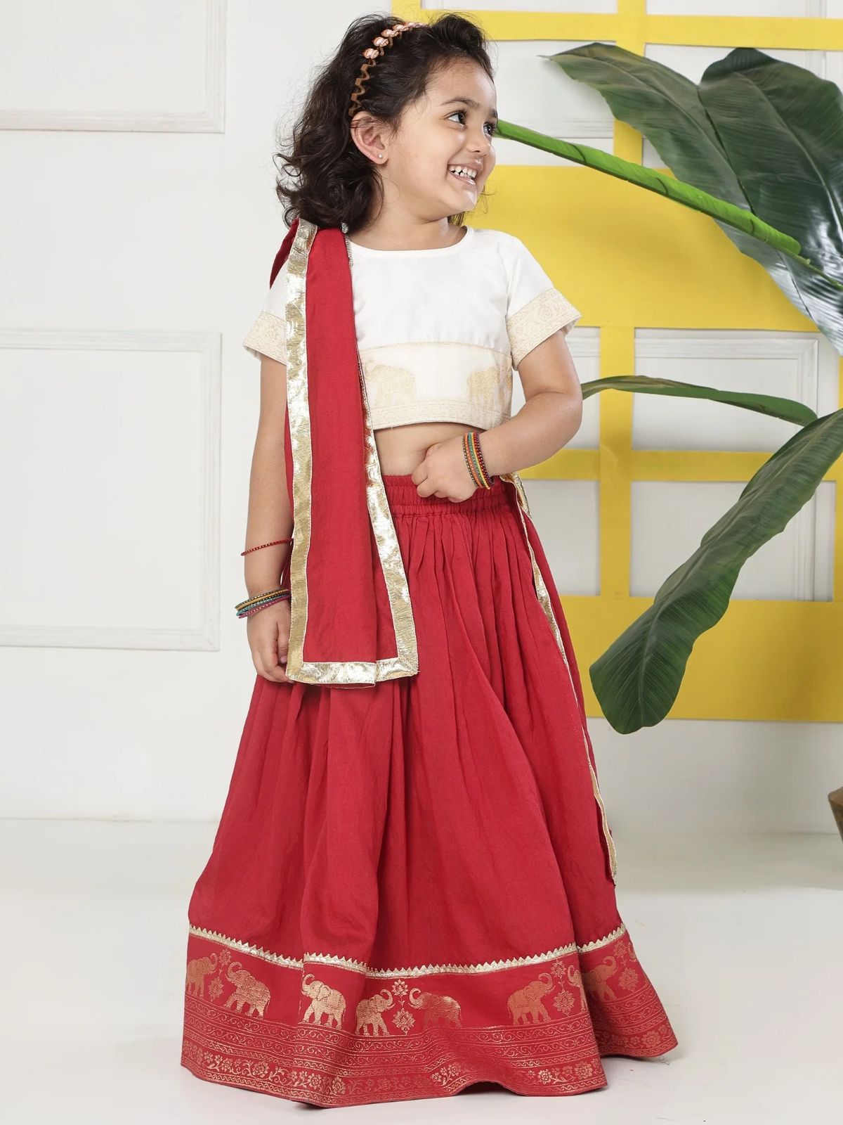Red Elephant Zari Embroidery Chanderi Cotton Lehenga with Stitched Cream Blouse Set