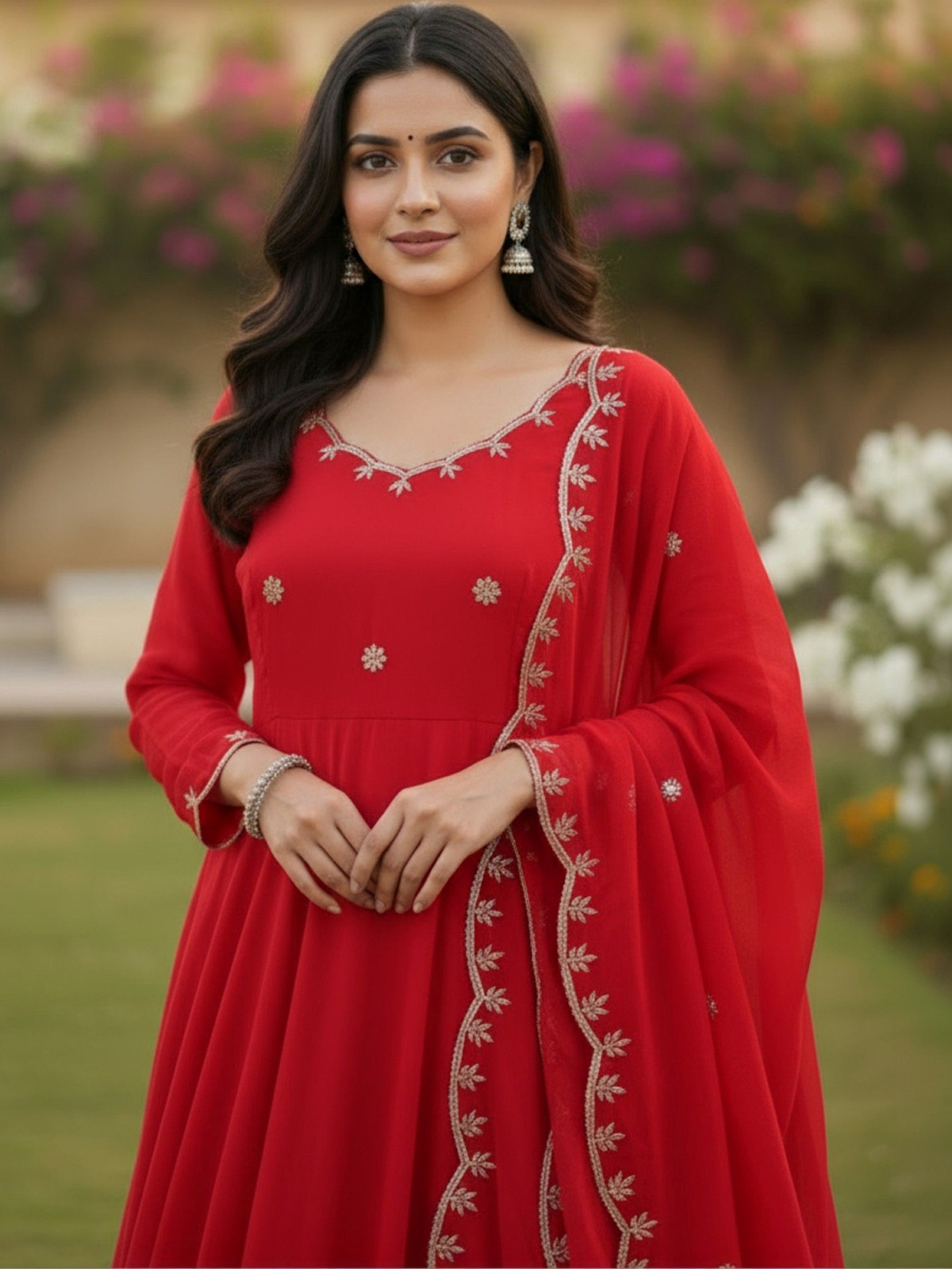 Embroidered Anarkali Kurta & Trousers With Dupatta