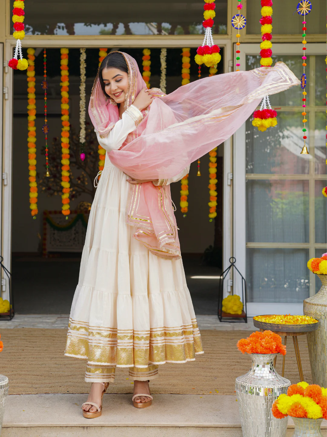 Cream Mulmul Cotton Festive Suit Set with Palazzo & Dupatta