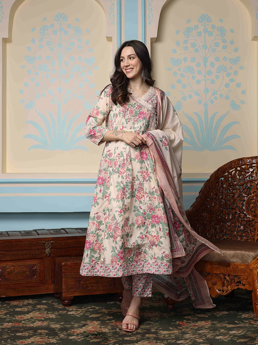 Soft Cotton Cream Floral Printed Anarkali Kurta With Cotton Printed Dupatta & Straight Bottom