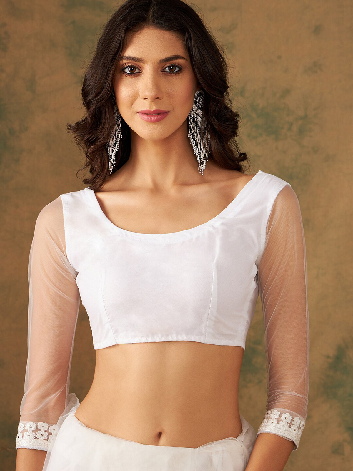 White Floral Embroidered Net Saree with Blouse Piece