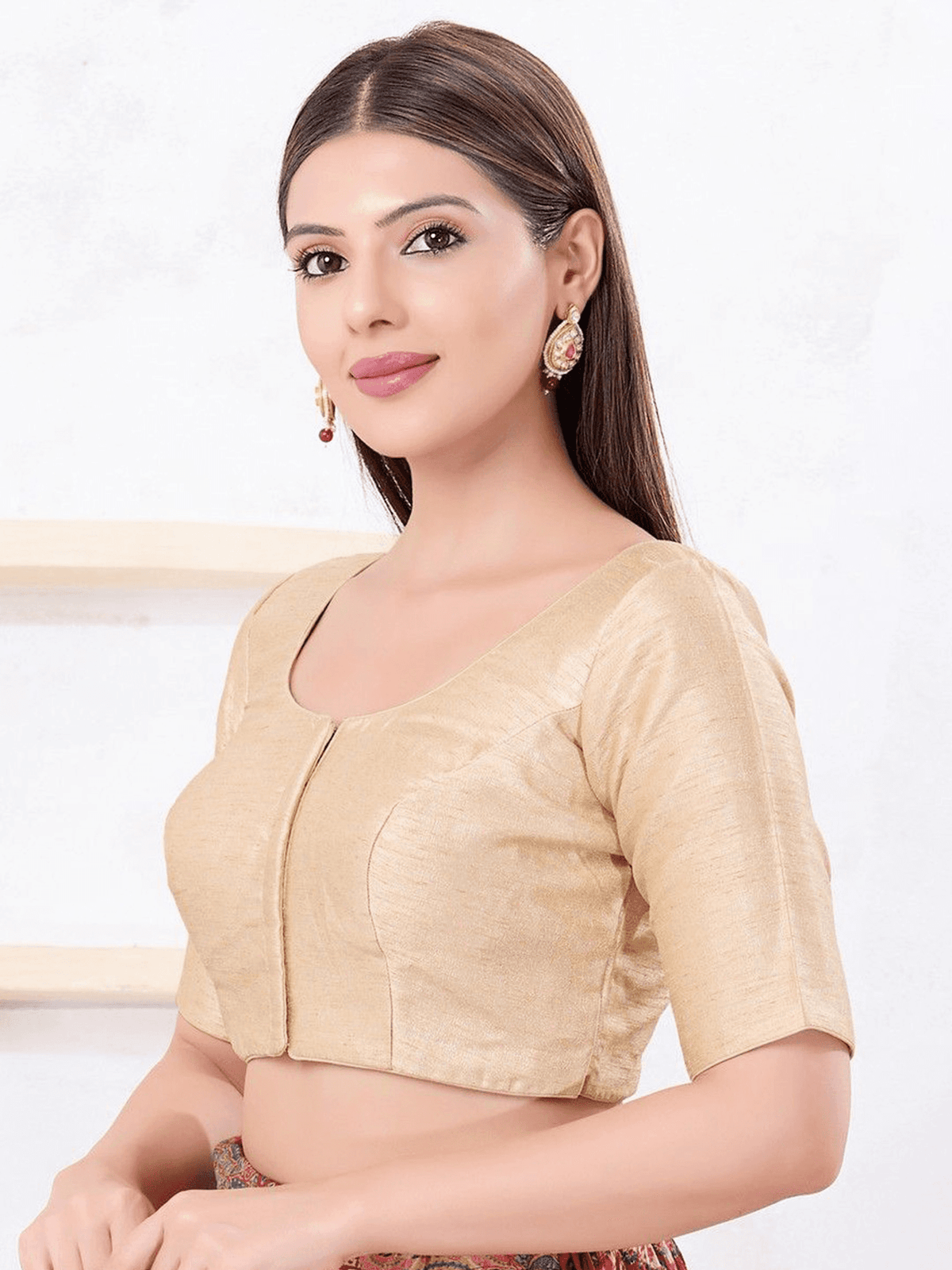 Nude Solid Silk Round-Neck Saree Blouse with Tie-Up