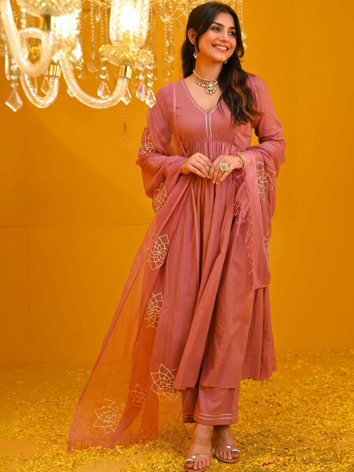 Pink Solid Empire Anarkali Kurta Set with Trousers & Embroidered Dupatta