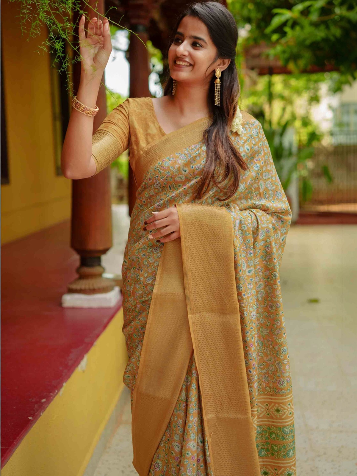 Yellow & Green Floral Printed Cotton Silk Ready-to-Wear Saree with Zari Border