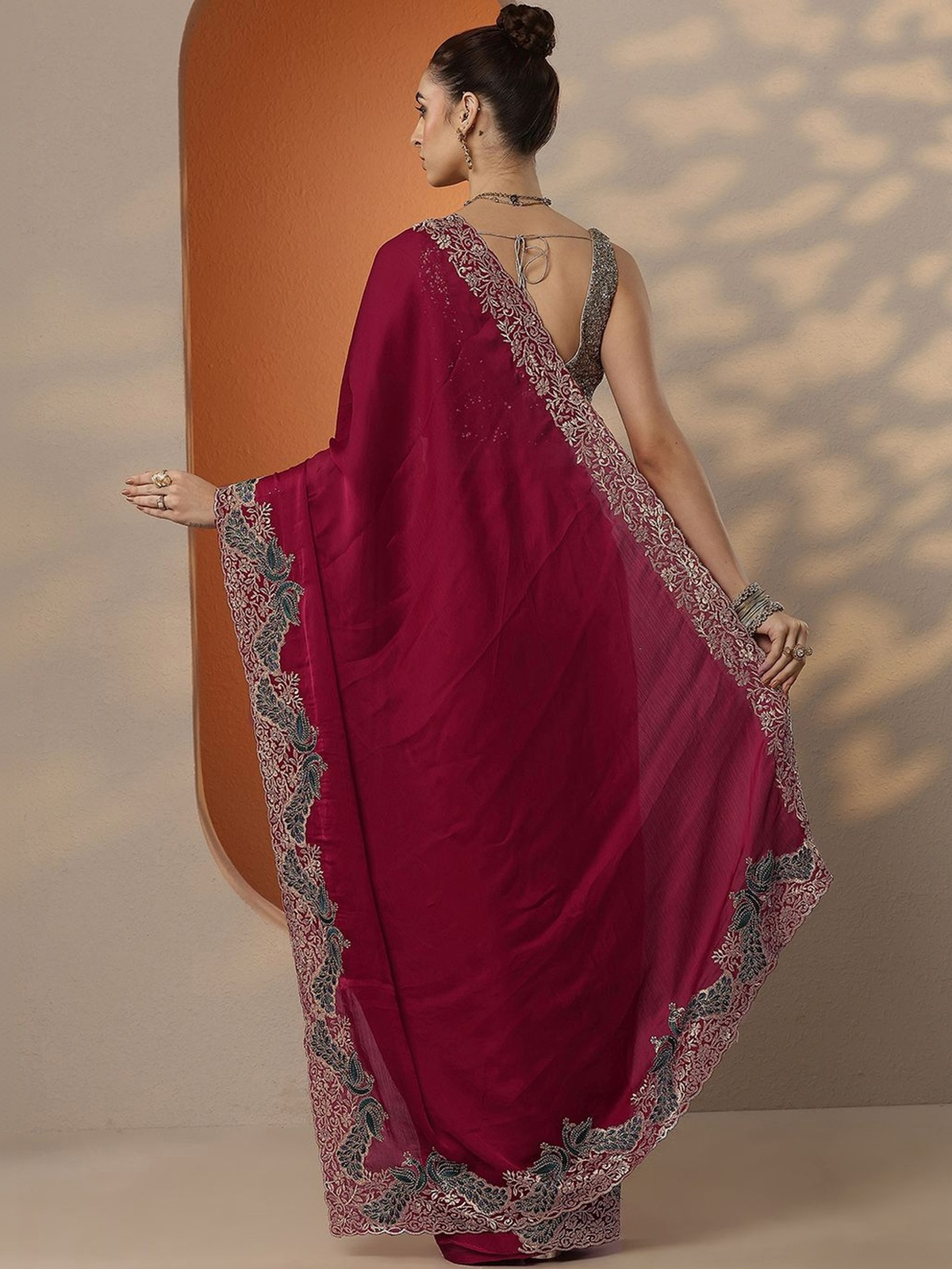 Red Chiffon Saree with Embroidered Border aromie