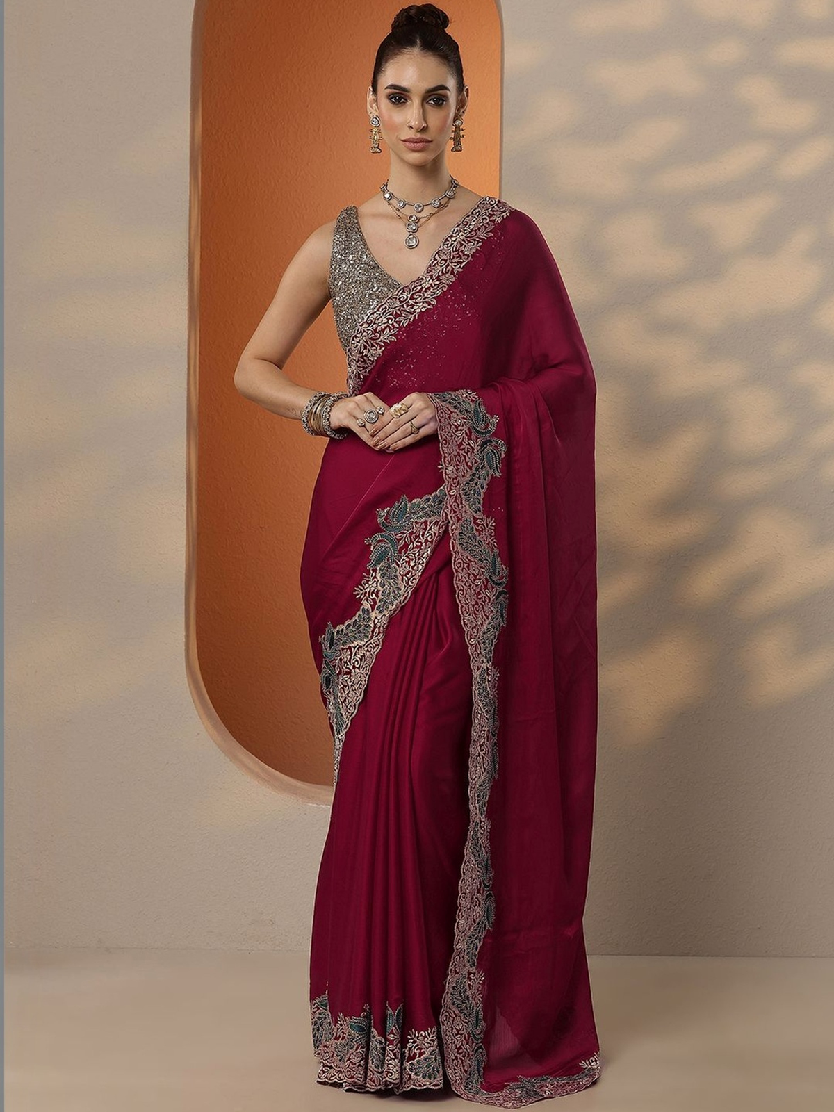 Red Chiffon Saree with Embroidered Border aromie