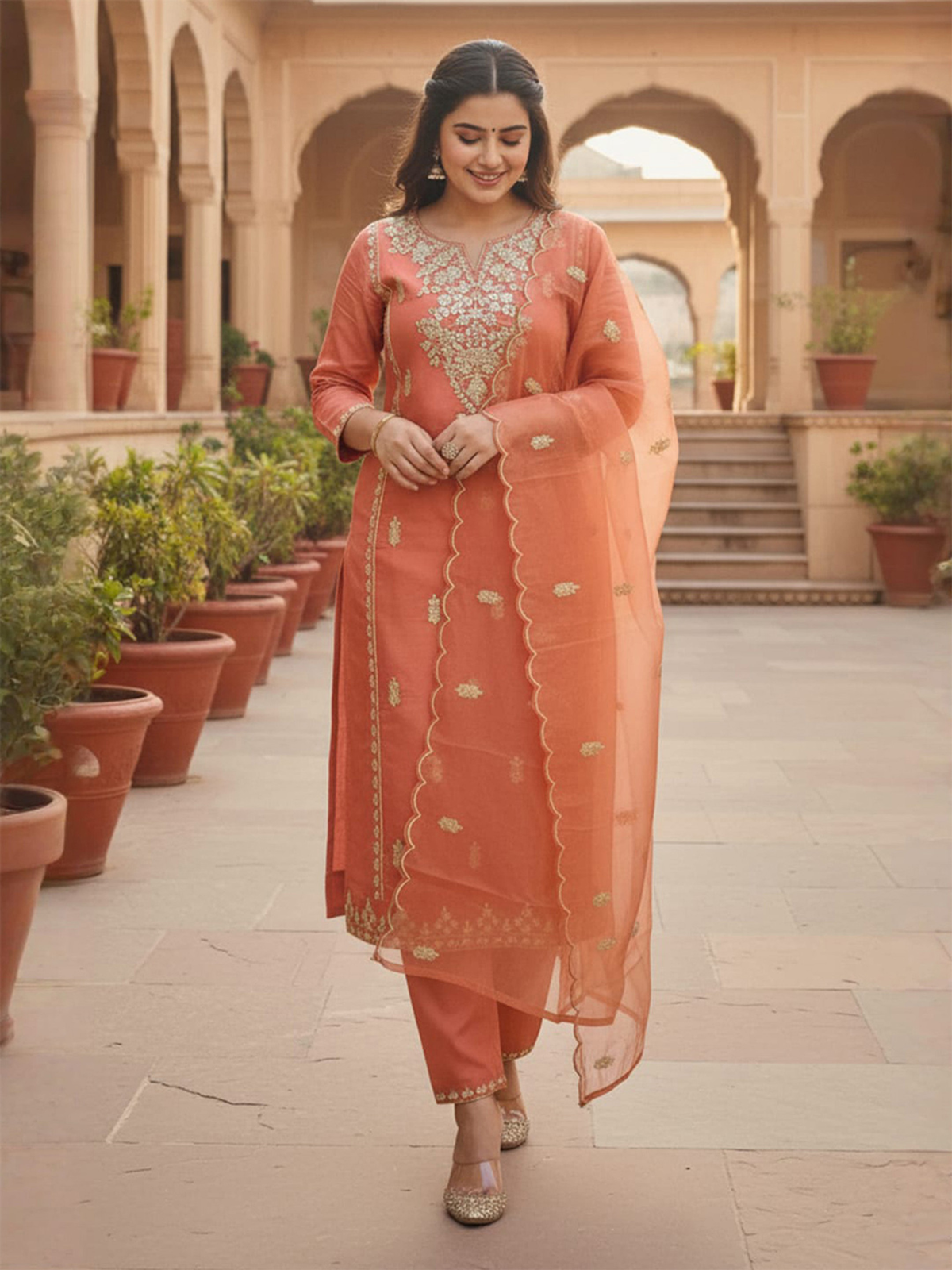 Cream Floral Printed Cotton Anarkali Kurta Set with Trousers & Dupatta