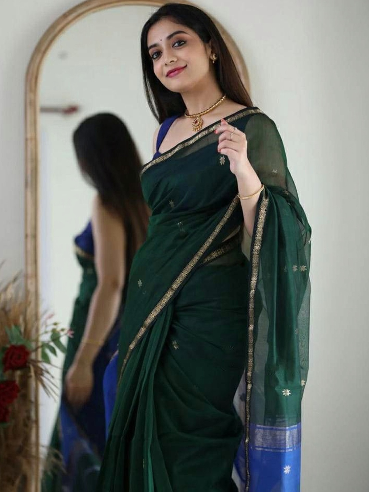 Navy Blue Solid Ready-to-Wear Saree with U-Neck Blouse