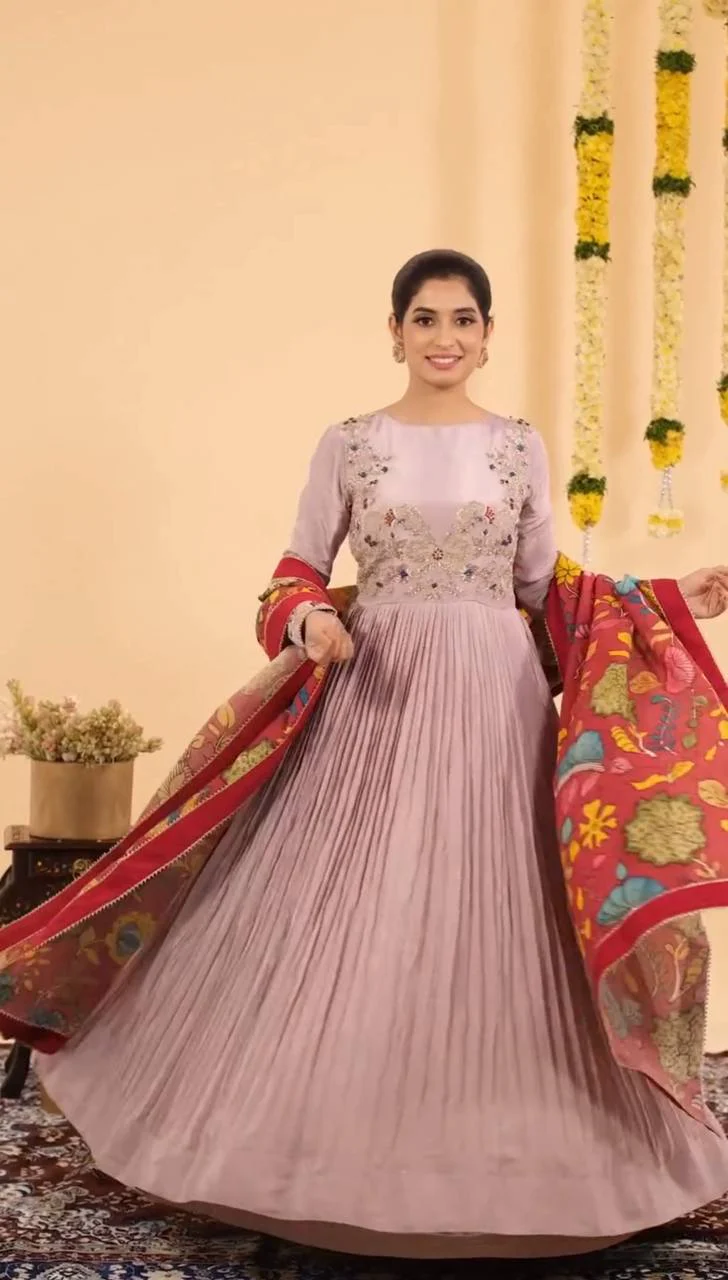 Chinon Sequins Embroidered Gown with Kalamkari Dupatta