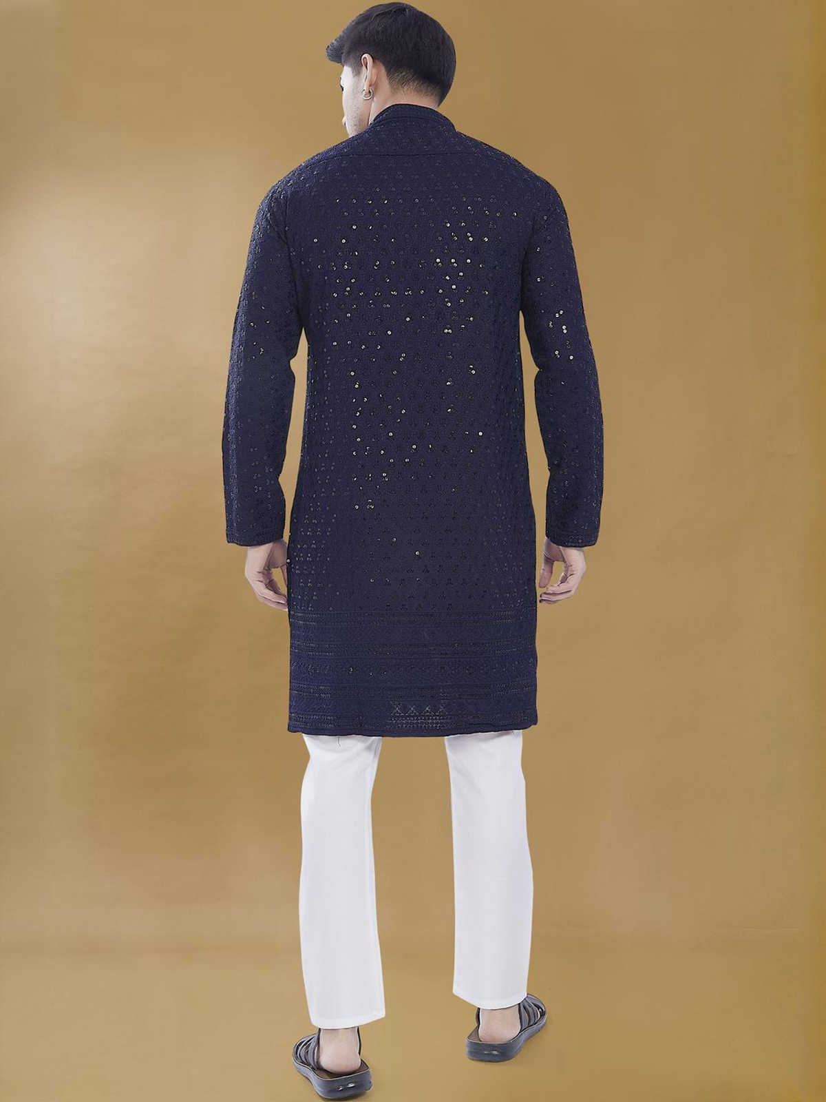 Men’s Navy Blue Chikankari Embroidered Rayon Kurta AROMIE | Affordable Indian Clothes & Dresses in Canada