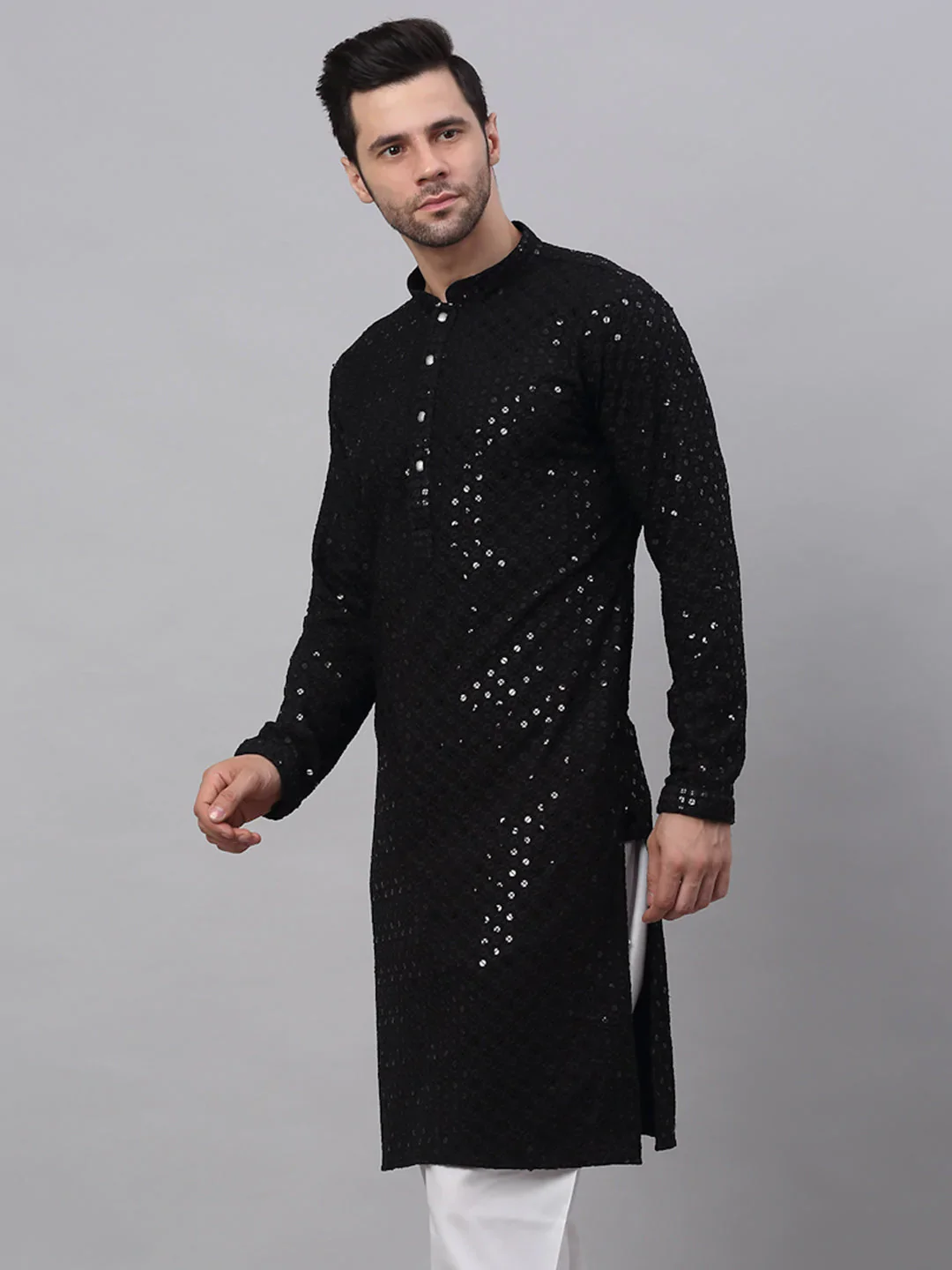 Men Black Chikankari Embroidered and Sequence Kurta Only