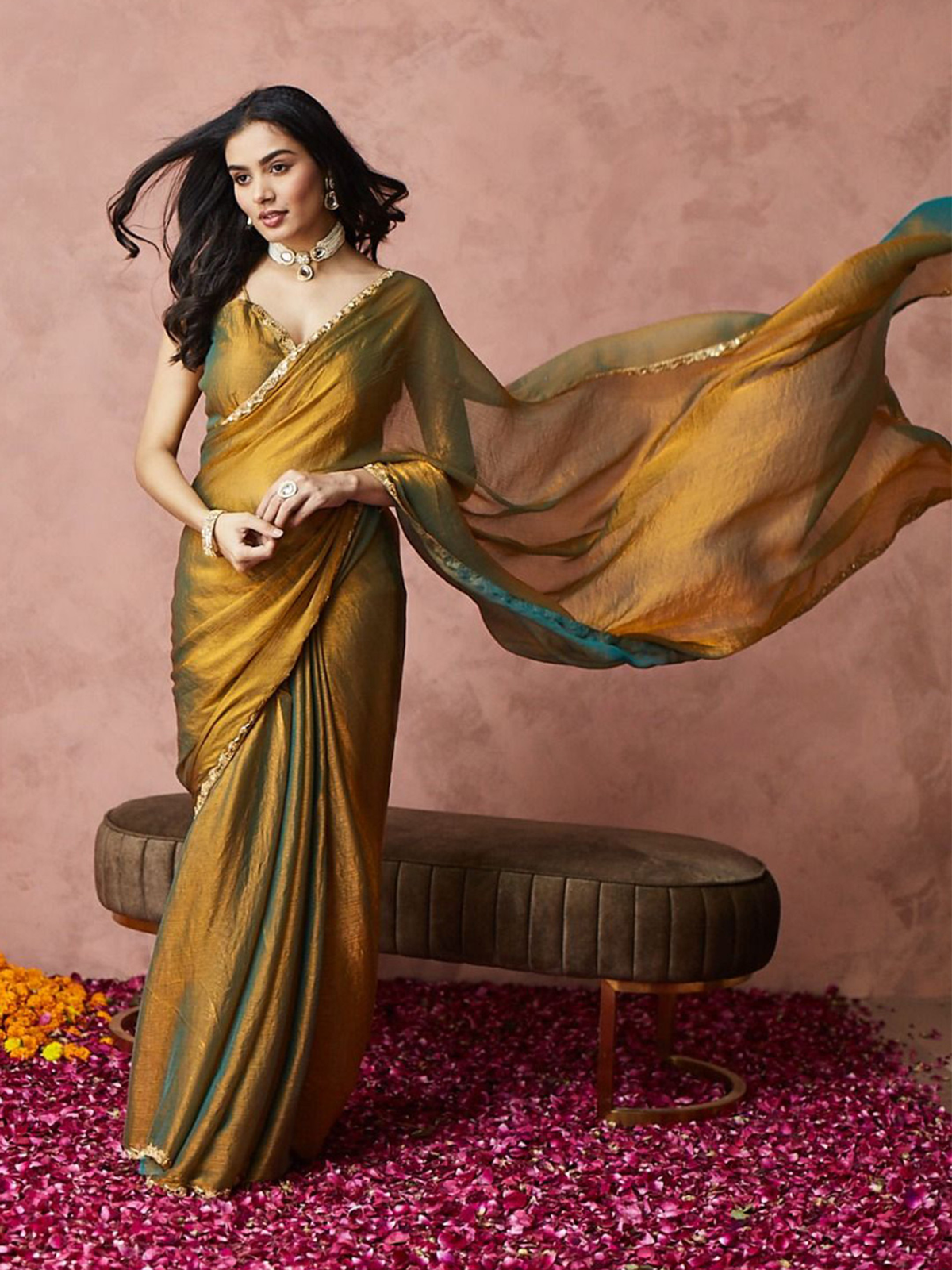 Gold-Toned Silk Blend Ready-to-Wear Saree with Embroidered Border
