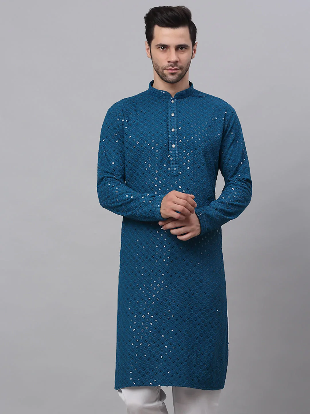 Men Blue Chikankari Embroidered and Sequence Kurta Only