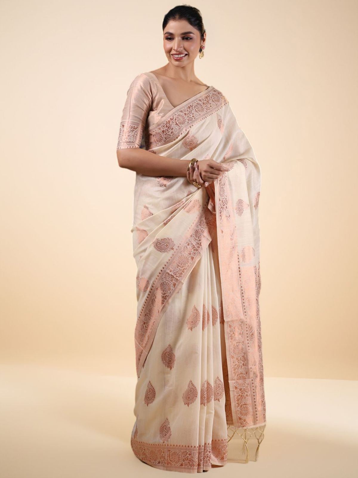 Off White Banarasi Linen Blend Saree with Woven Border & Blouse Piece