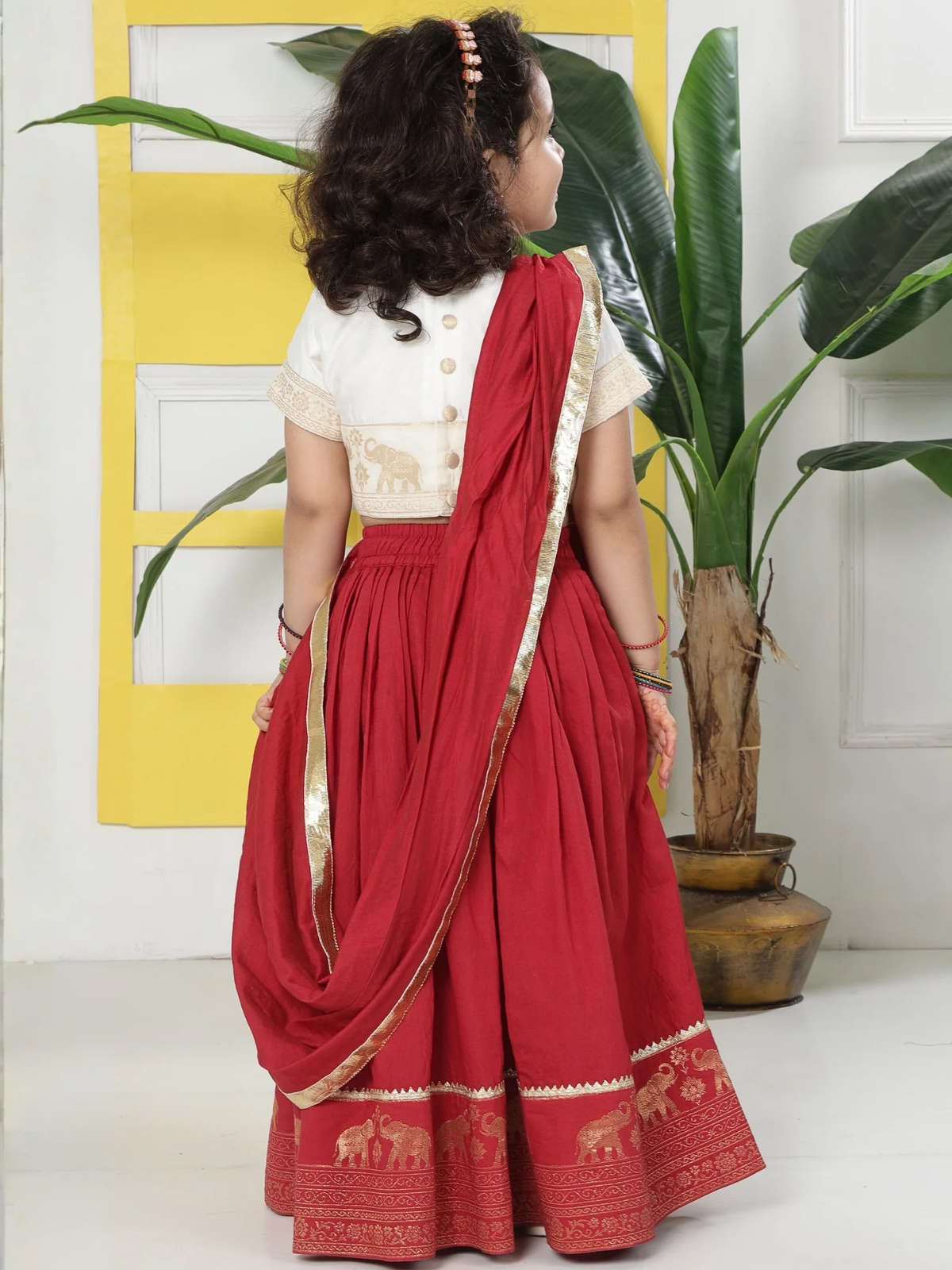 Red Elephant Zari Embroidery Chanderi Cotton Lehenga with Stitched Cream Blouse Set