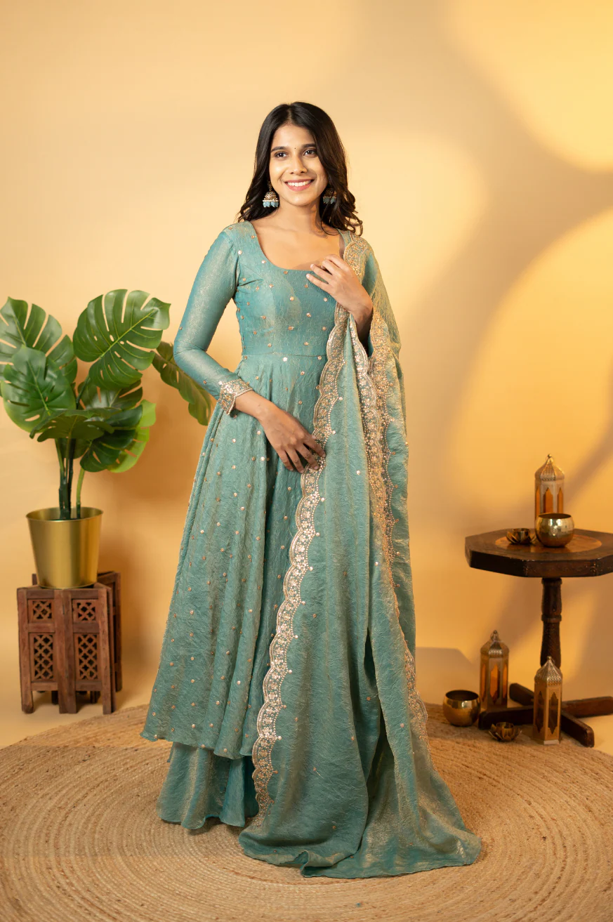 Premium Chinnon Silk Anarkali Gown with Sequin Embroidery & Dupatta
