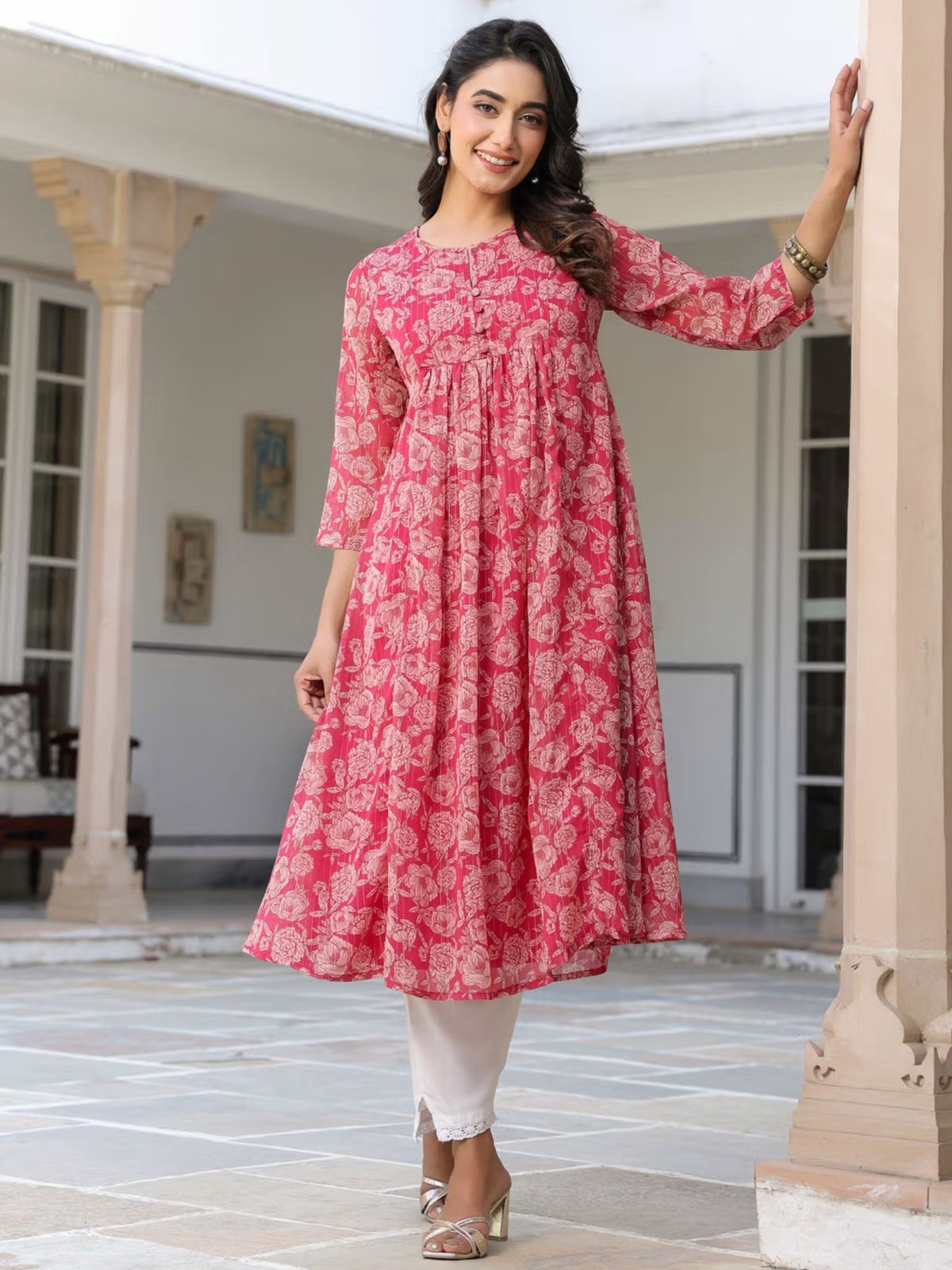 Womens Dark Pink Chiffon Lurex Floral Printed Flared Kurta