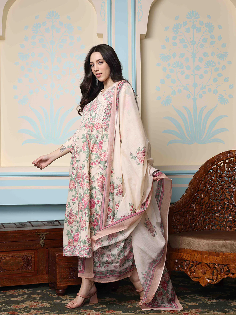 Soft Cotton Cream Floral Printed Anarkali Kurta With Cotton Printed Dupatta & Straight Bottom