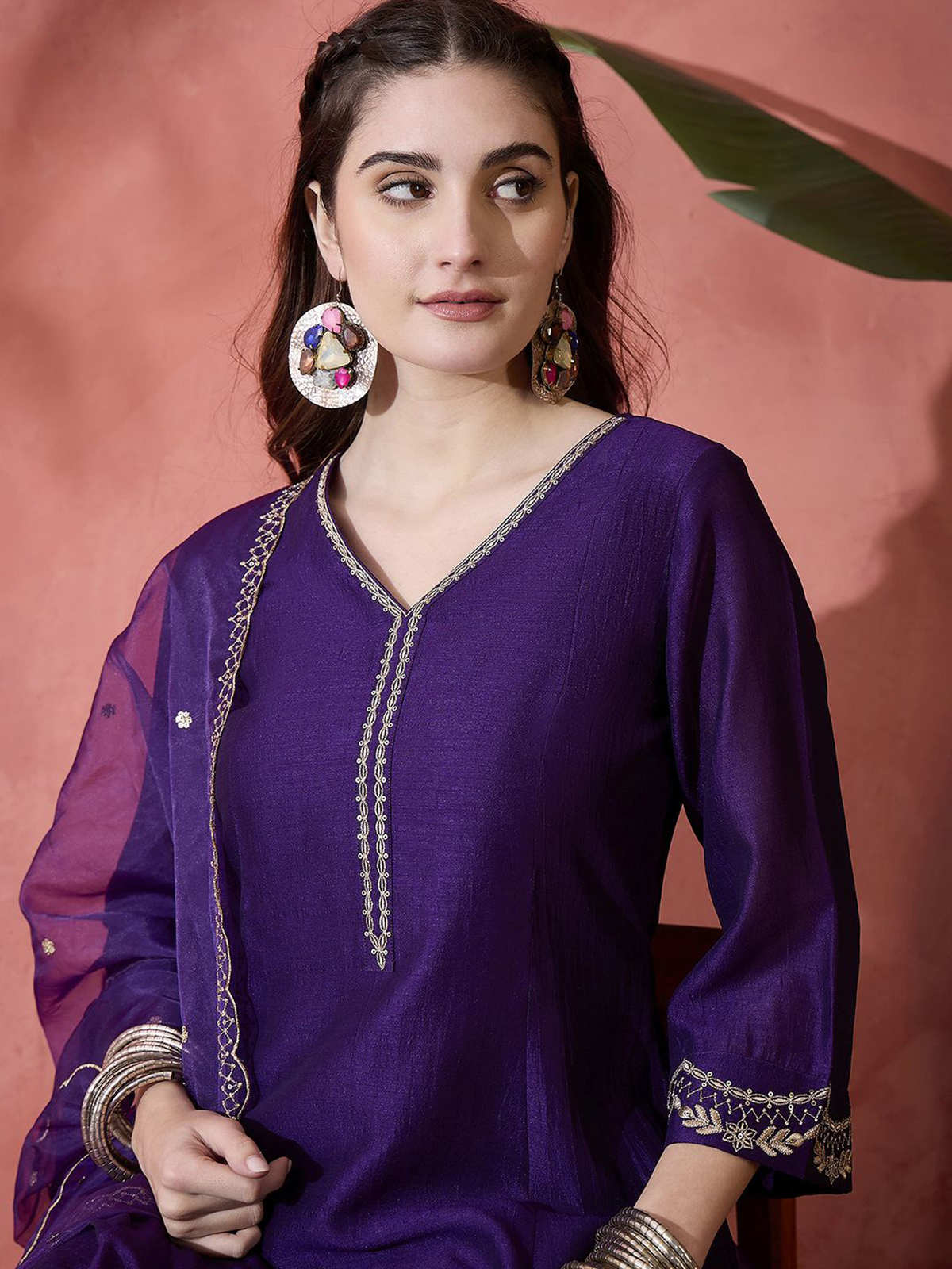 Women’s Purple Embroidered Kurta Set with Trousers & Dupatta