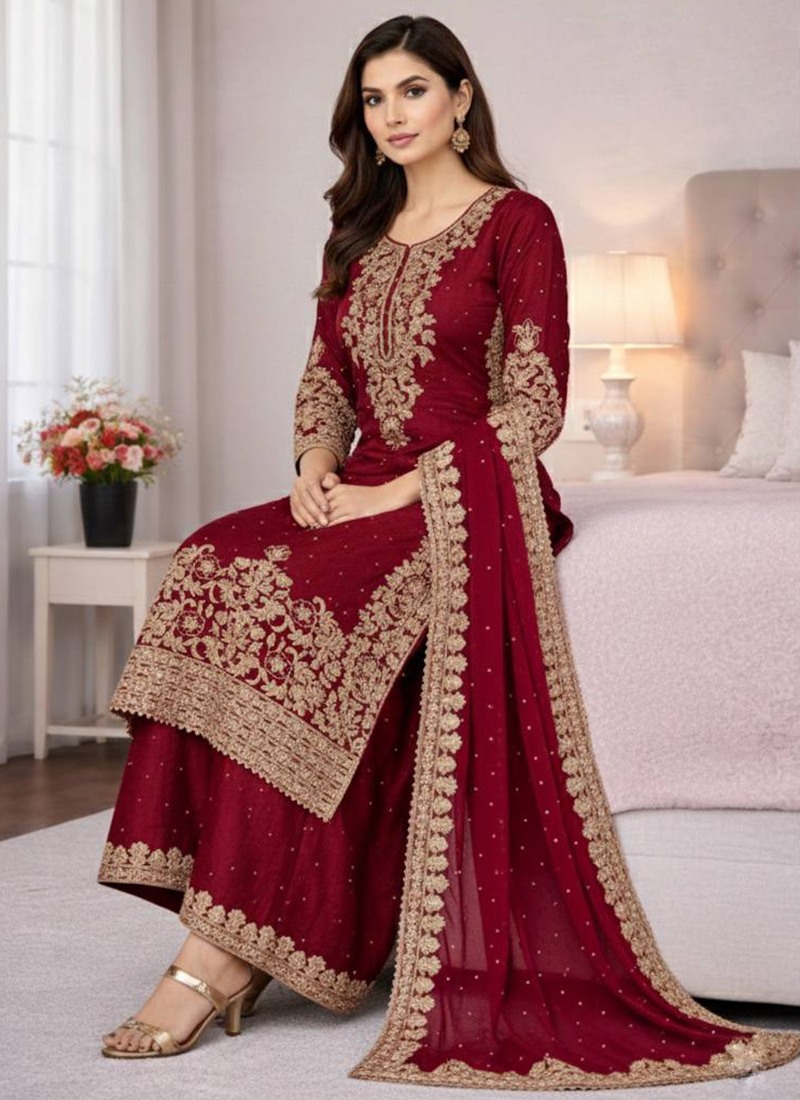 Maroon Jimmy Silk Embroidered Palazzo Suit