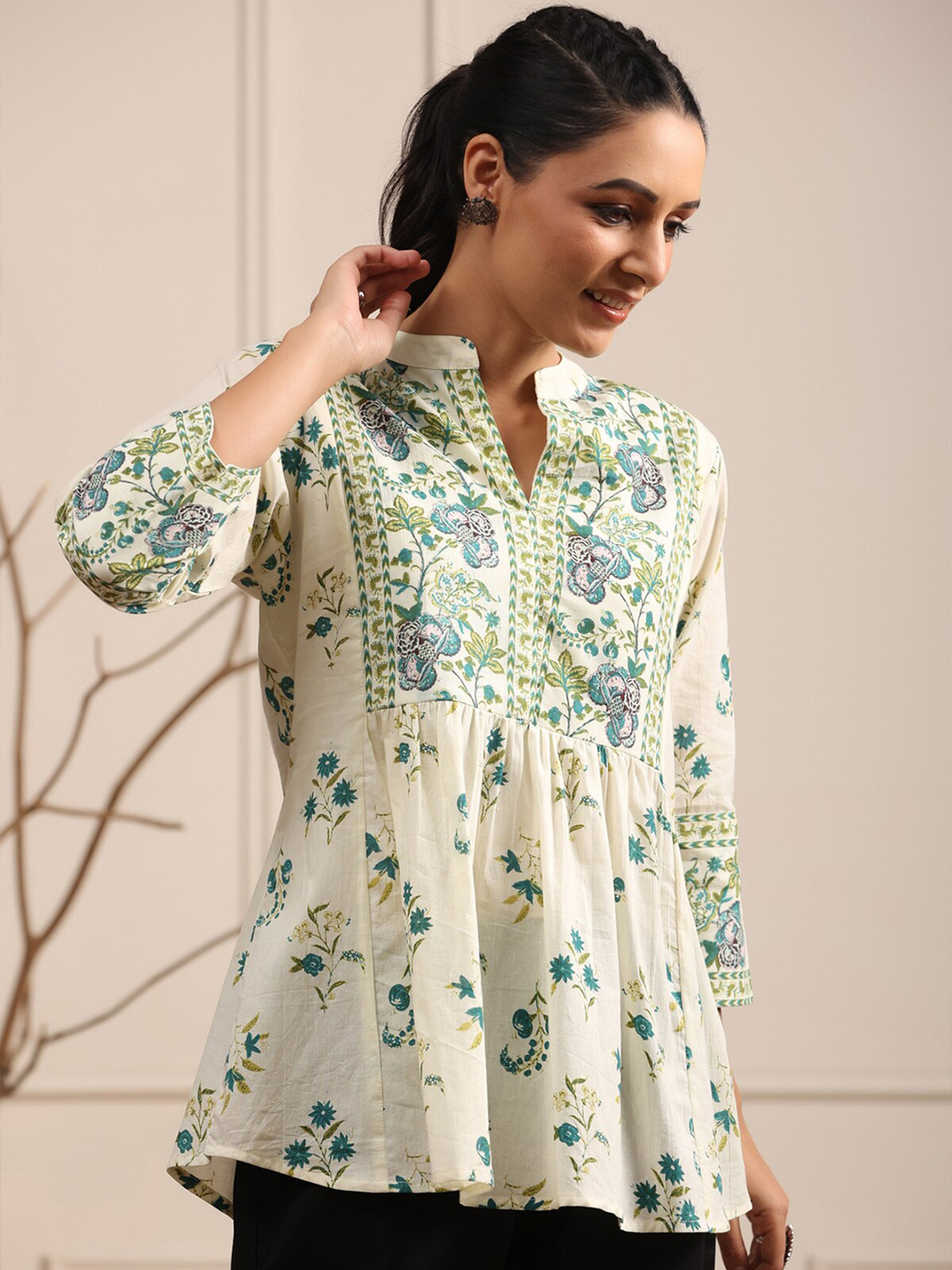 Women’s Cream & Green Floral Print Cotton A-Line Kurti AROMIE.STORE