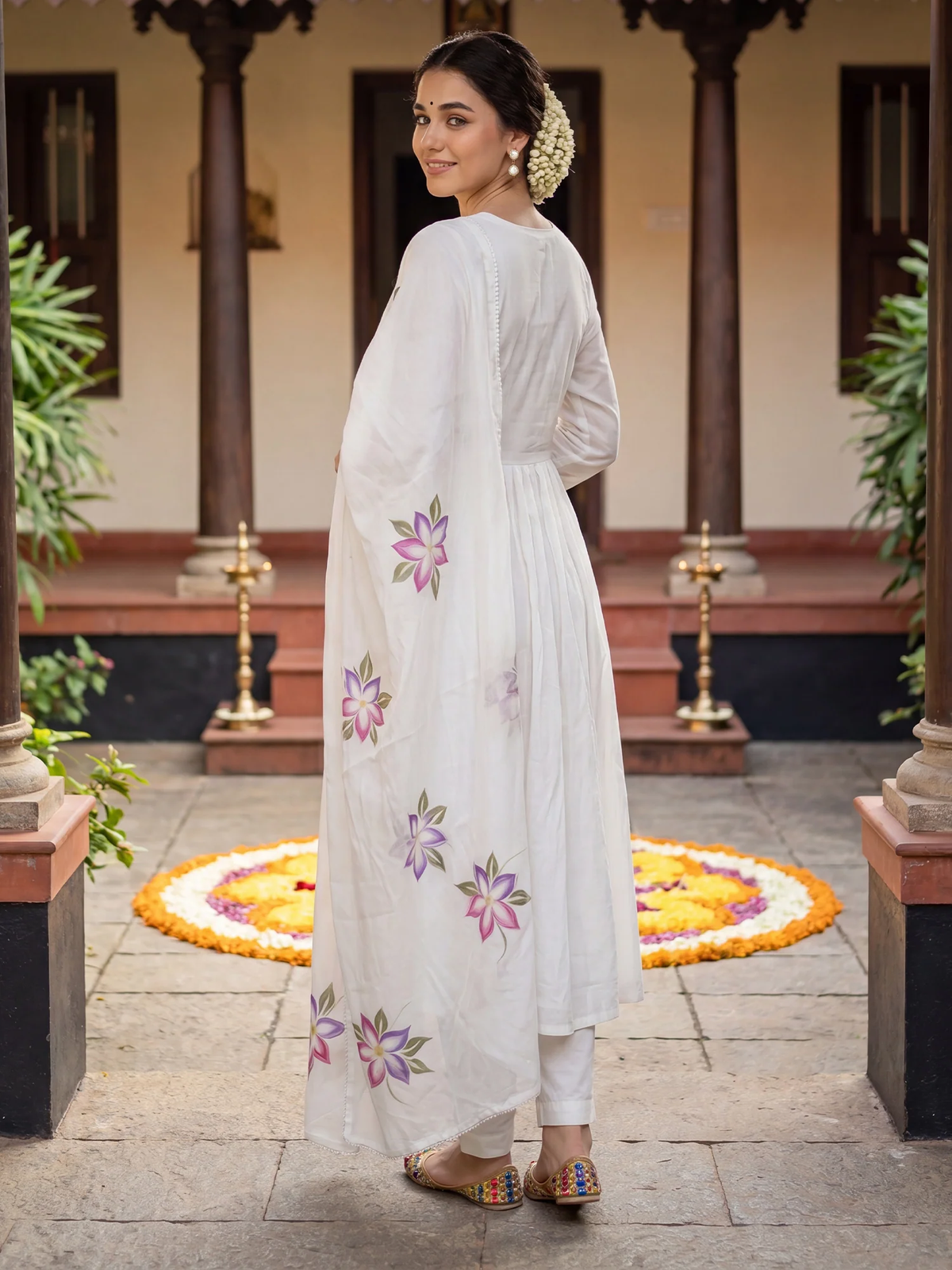 Off-White Floral Printed Cotton Anarkali Set with Dupatta aromie