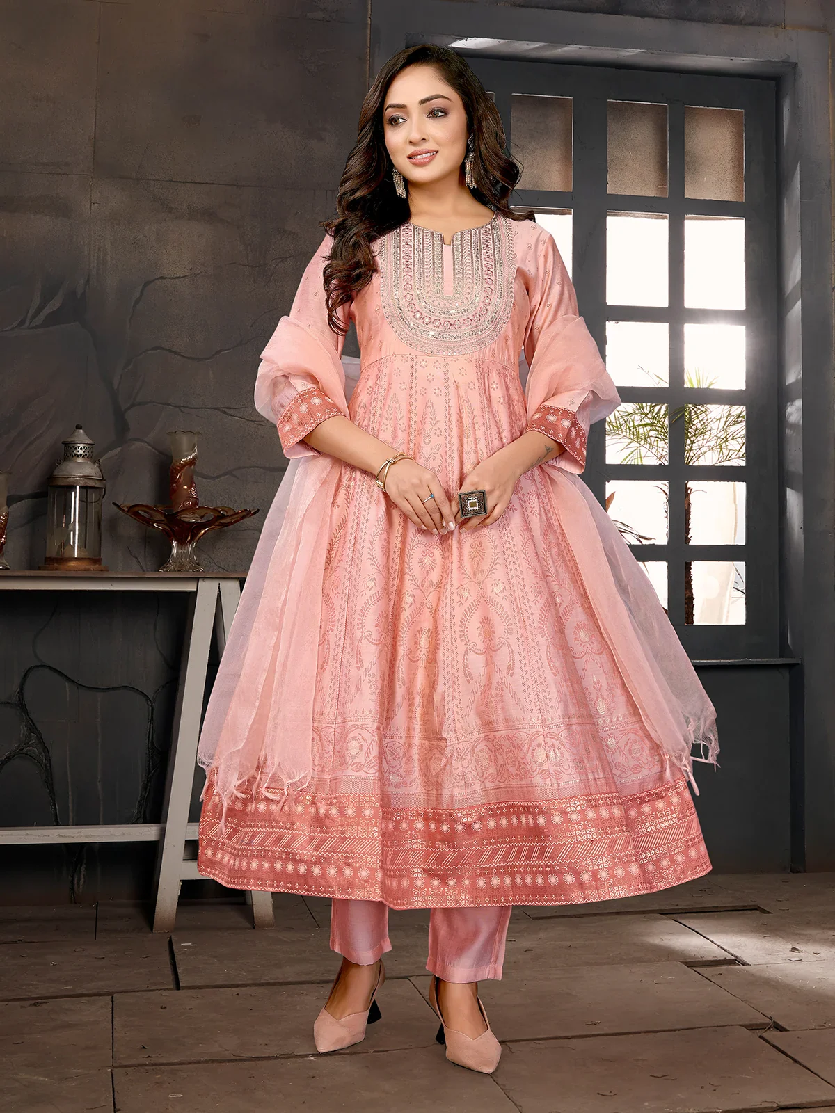 Viscose Blend Embroidered Anarkali Calf Length Kurta with Pant and Dupatta