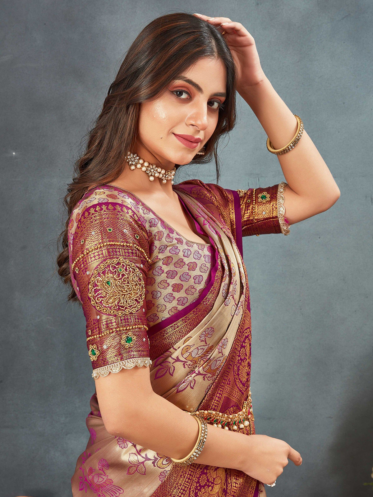 Purple & Gold Dharmavaram Silk Blend Saree with Zari Woven Border