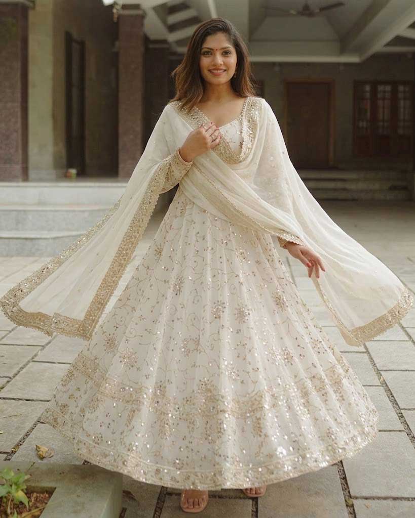 Aromie White Georgette Anarkali Gown - Elegant Three Piece Set