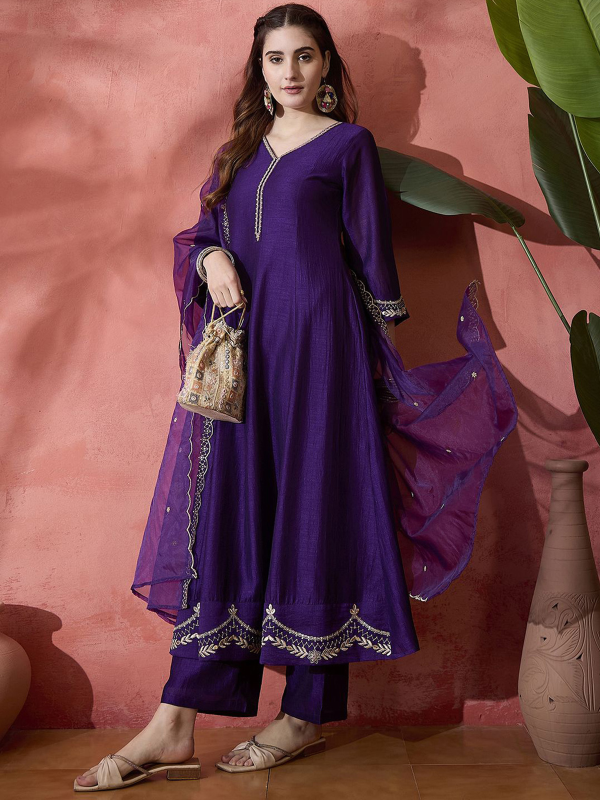 Women’s Purple Embroidered Kurta Set with Trousers & Dupatta