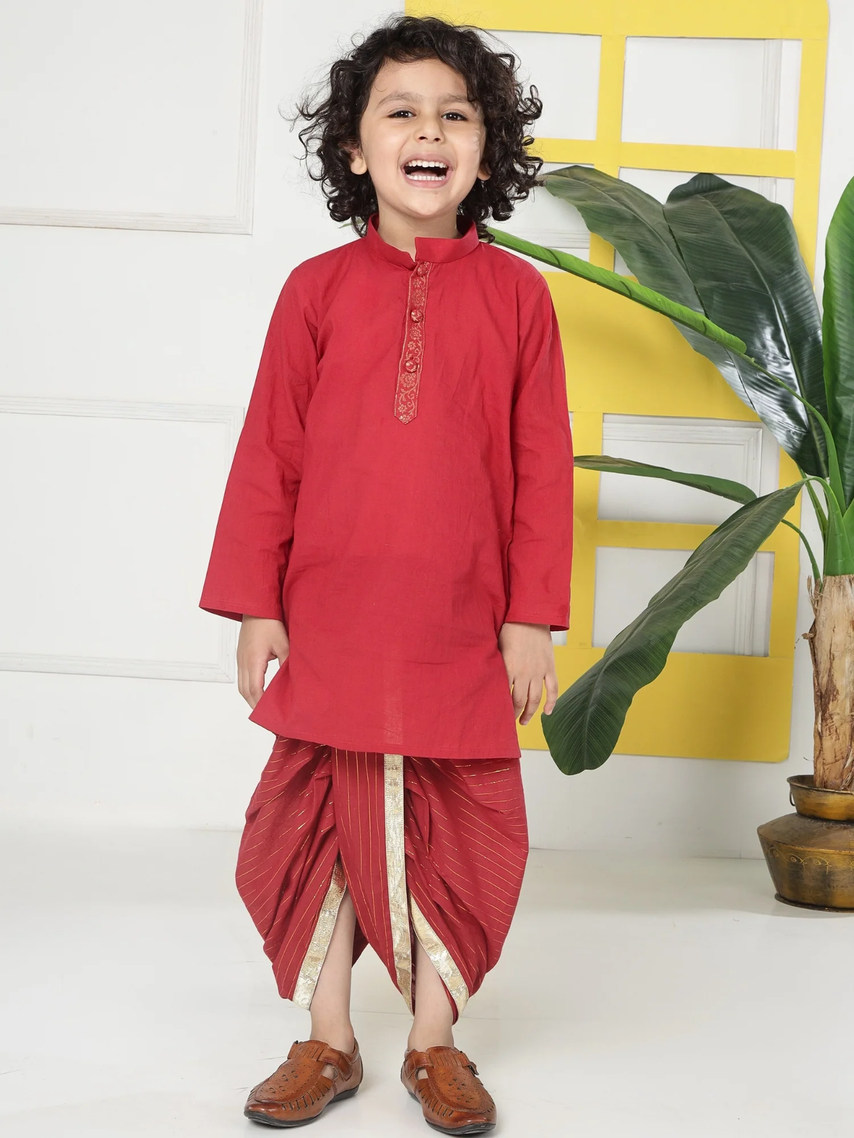 Red Minimal Zari Embroidery Cotton Kurta Dhoti set