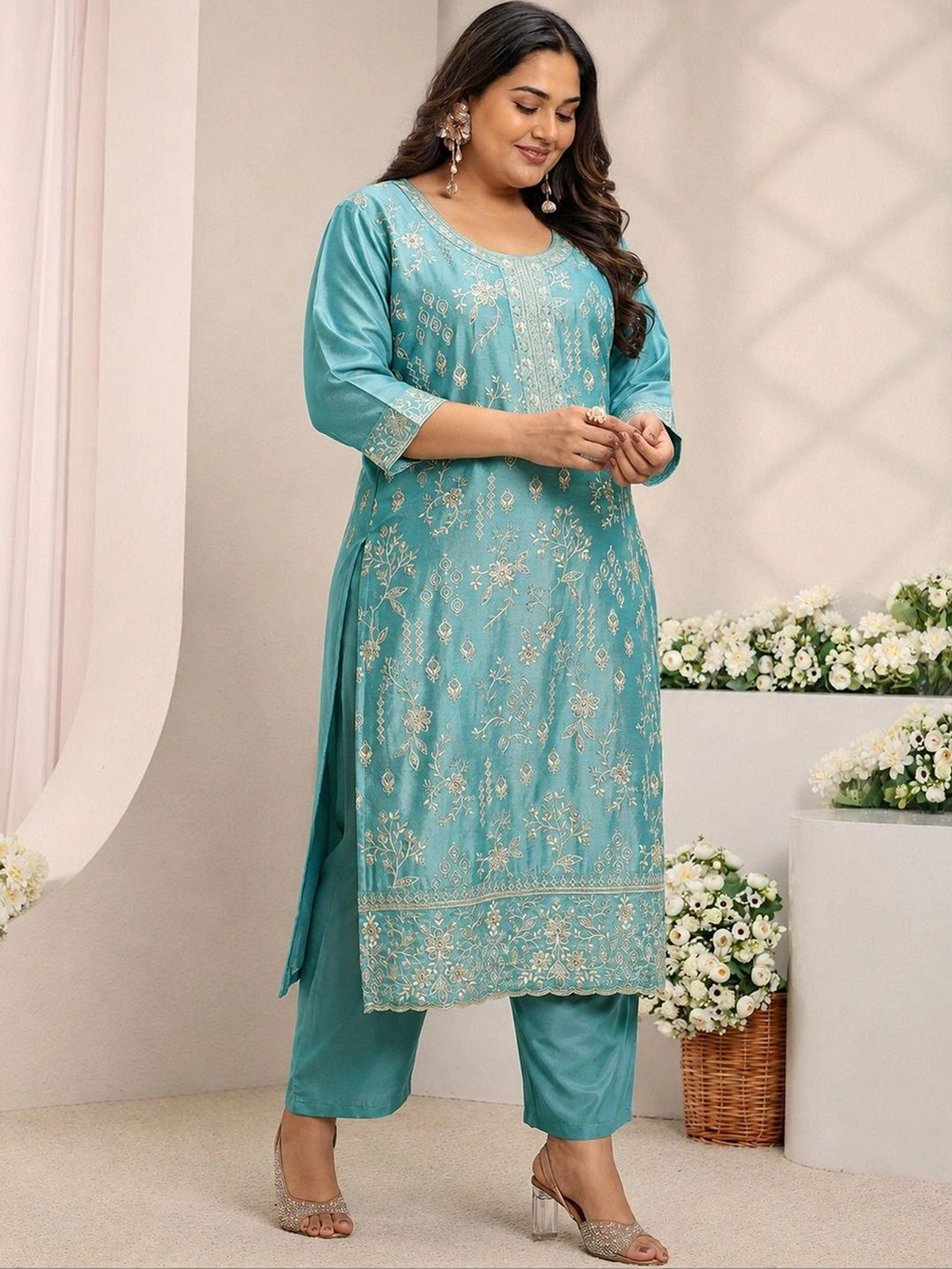 Blue Embroidered Silk Blend Kurta Set with Trousers & Dupatta aromie