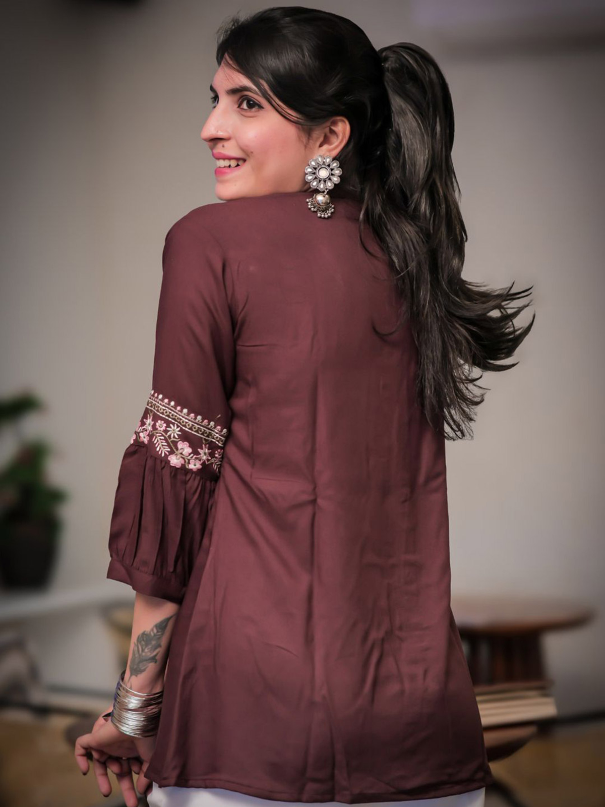 Women’s Brown & White Floral Embroidered Rayon Tunic AROMIE.STORE