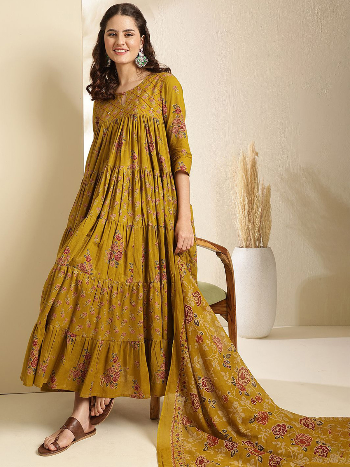 Floral Printed Keyhole Neck Anarkali Pure Cotton Kurta With Trousers & Dupatta
