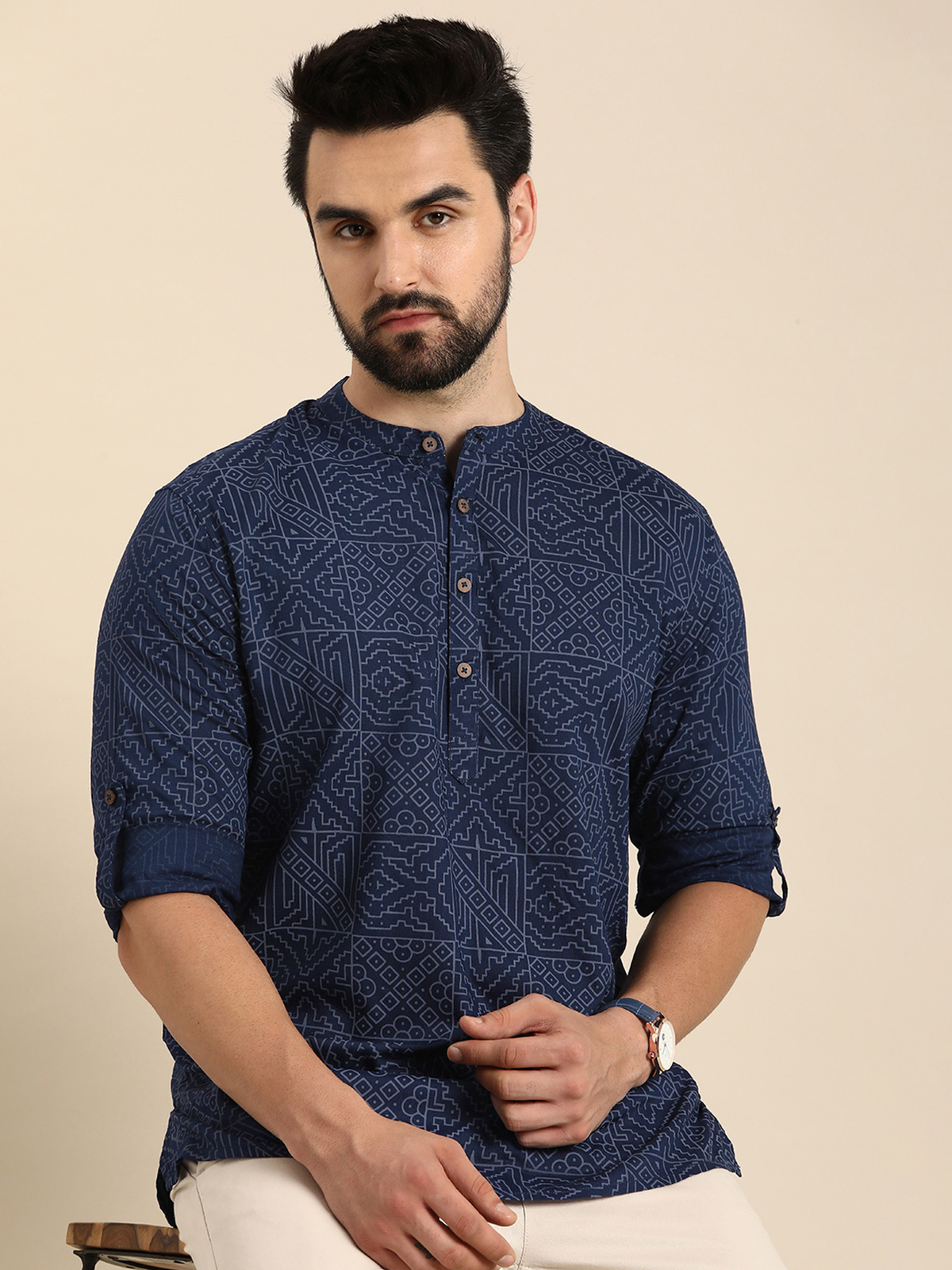 Men’s Navy Blue Geometric Print Cotton Short Kurta AROMIE | Affordable Indian Clothes & Dresses in Canada