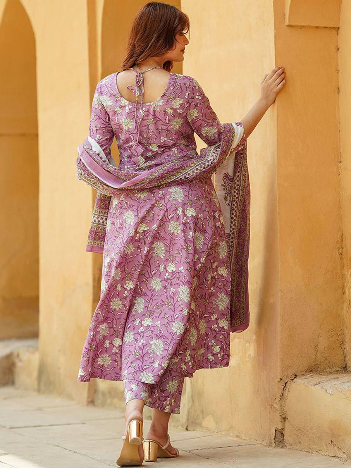 Mauve & White Floral Printed Cotton Anarkali Kurta Set with Trousers & Dupatta
