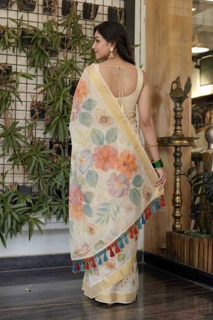 Tribal Diamond & Botanical Floral Digital Print, Gold Zari Border