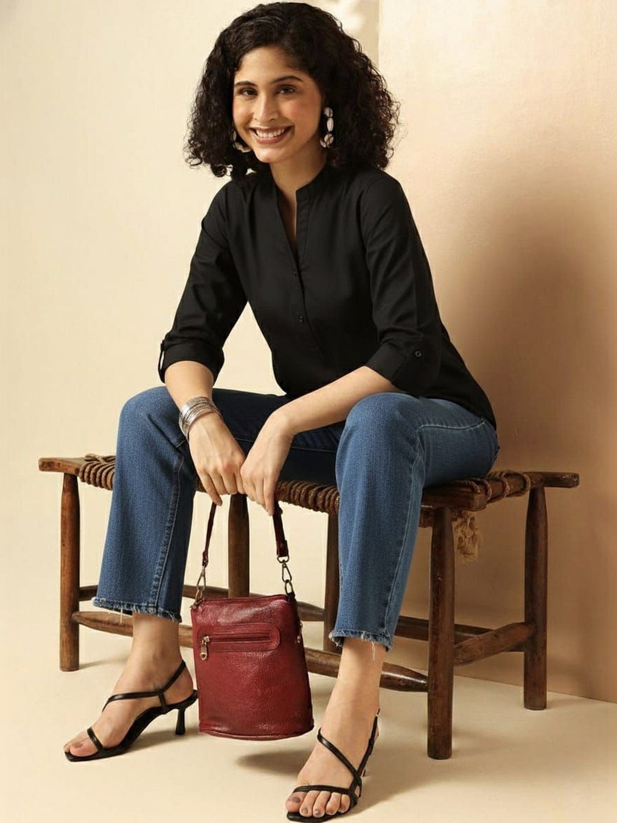 Women’s Black Straight Kurti with Mandarin Collar AROMIE.STORE