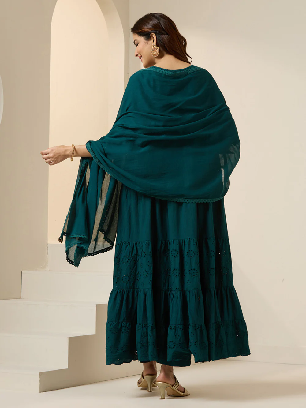 Graceful Green Cotton Blend Schiffli Zari Embroidery Tiered Fit kurta set with dupatta