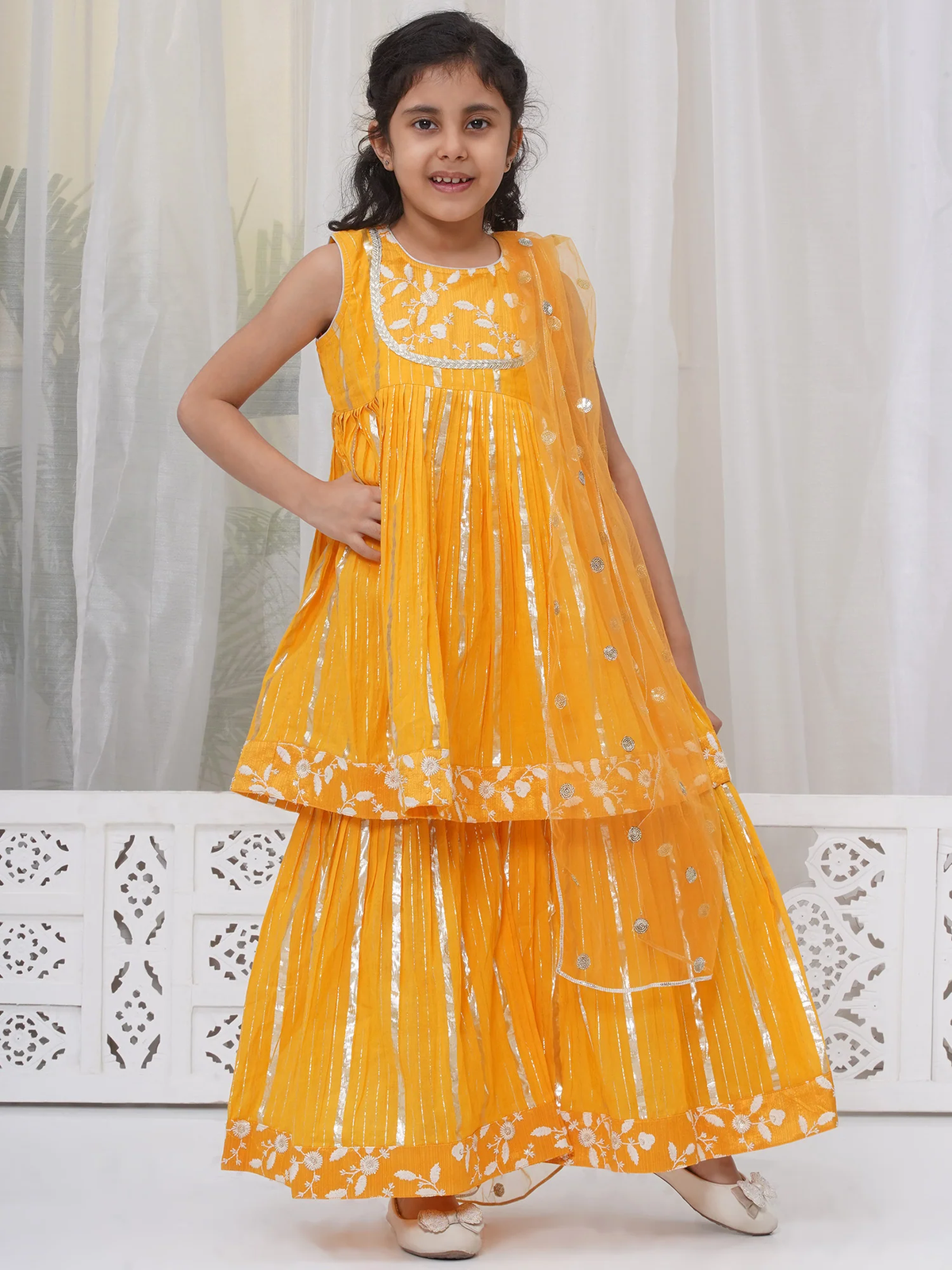 Little Bansi Girls Cotton Three Fourth Sleeves Angrakha Kurta with Sharara and Net Dupatta with Paisley Design Zari Work- Dutch Cream (Copy)