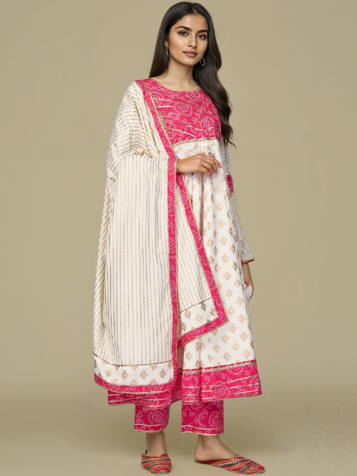 Women’s Beige Bandhani Print Anarkali Kurta Pant Set with Dupatta