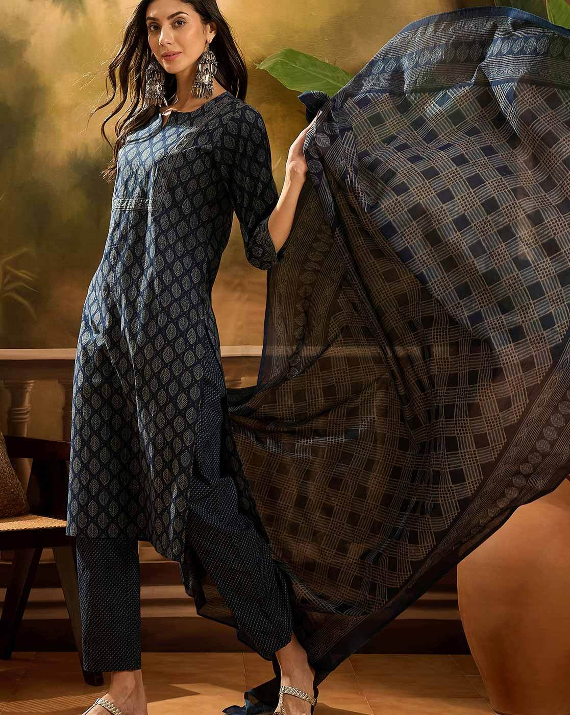 Aromie three piece set with Embroidered Georgette Anarkali Kurta navy printed kurta with matching pants and dupatta