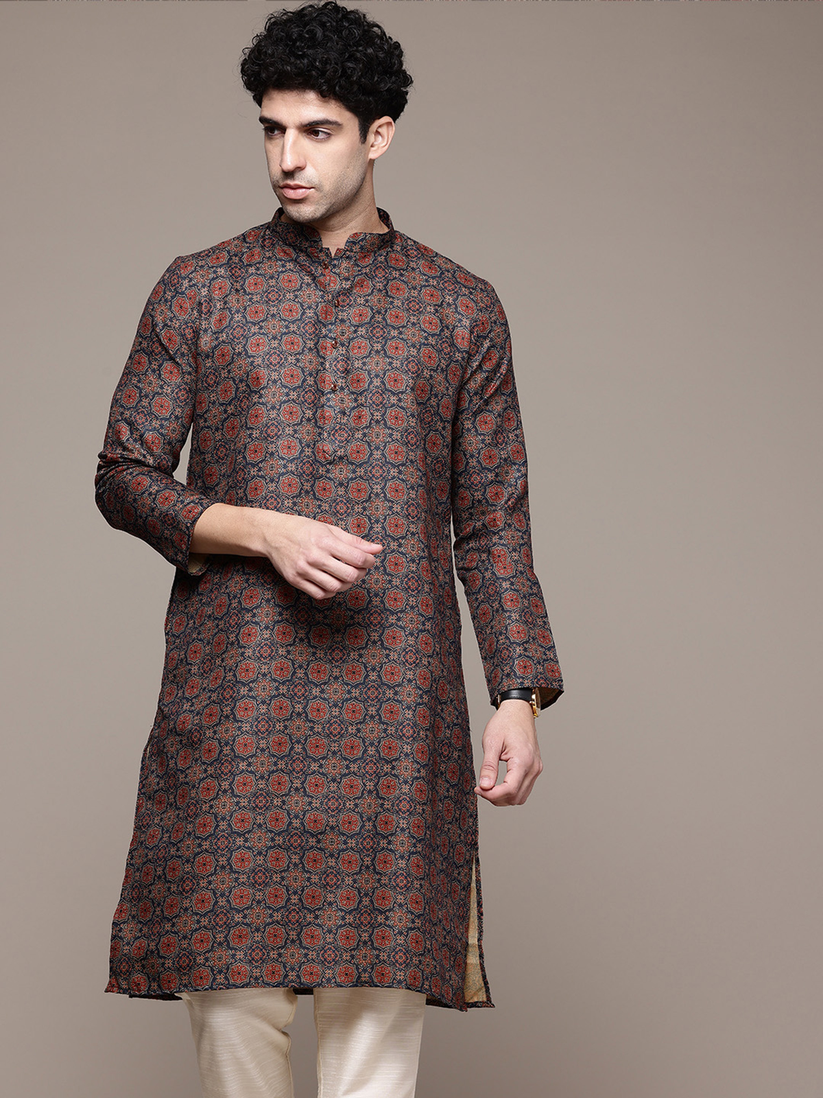 Men’s Navy Blue & Rust Printed Cotton Blend Kurta AROMIE | Affordable Indian Clothes & Dresses in Canada