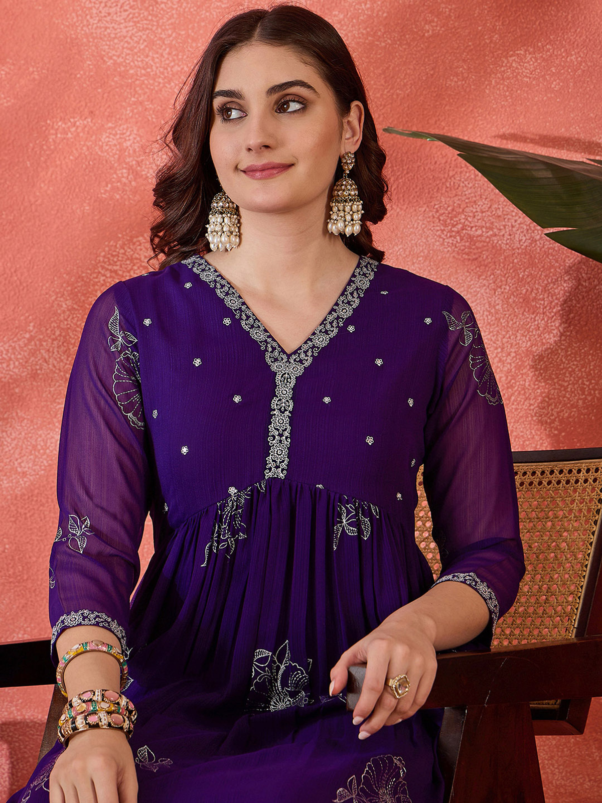 Aromie Floral Anarkali Kurta Set in Purple with Embroidery and Elegant V- neckline