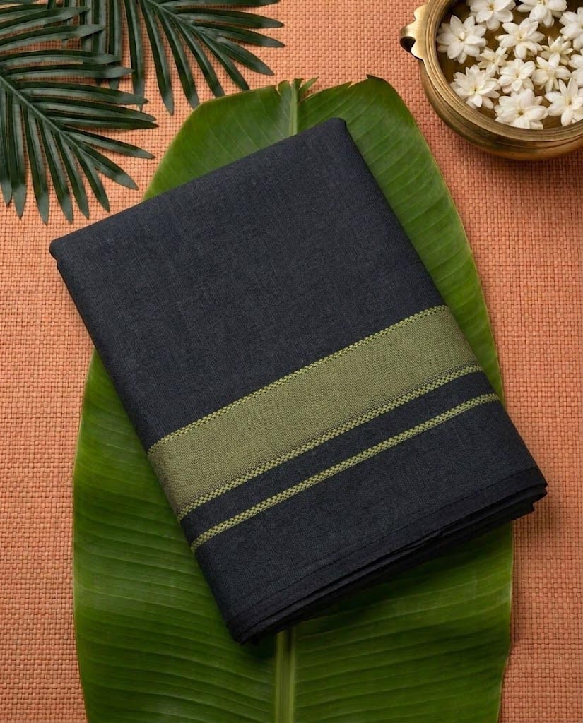 Classic Cream Kerala Mundu with black and olive border