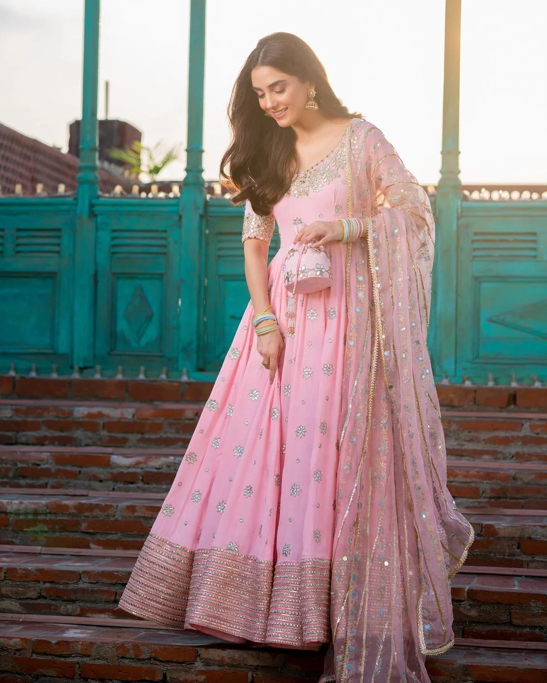 Mahika Pink Chiffon Anarkali Suit Set with Handwork Detailing