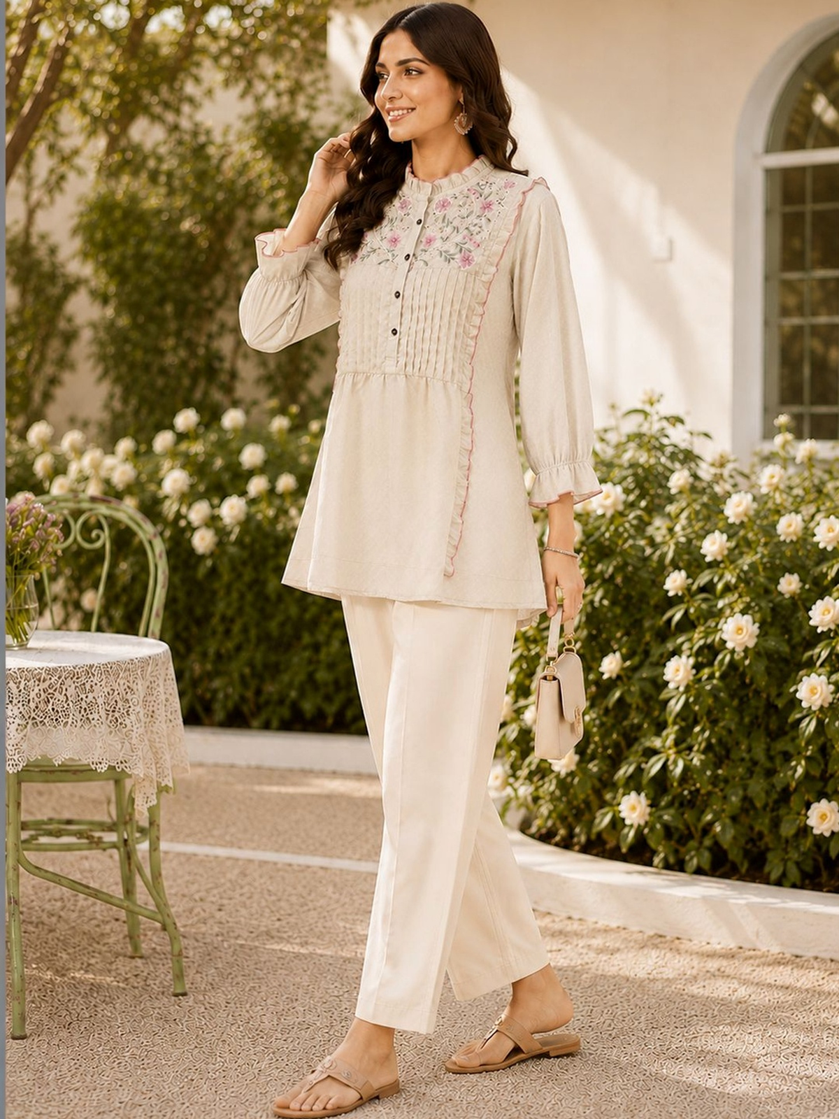 Women’s Cream Tunic with Embroidered Yoke AROMIE.STORE