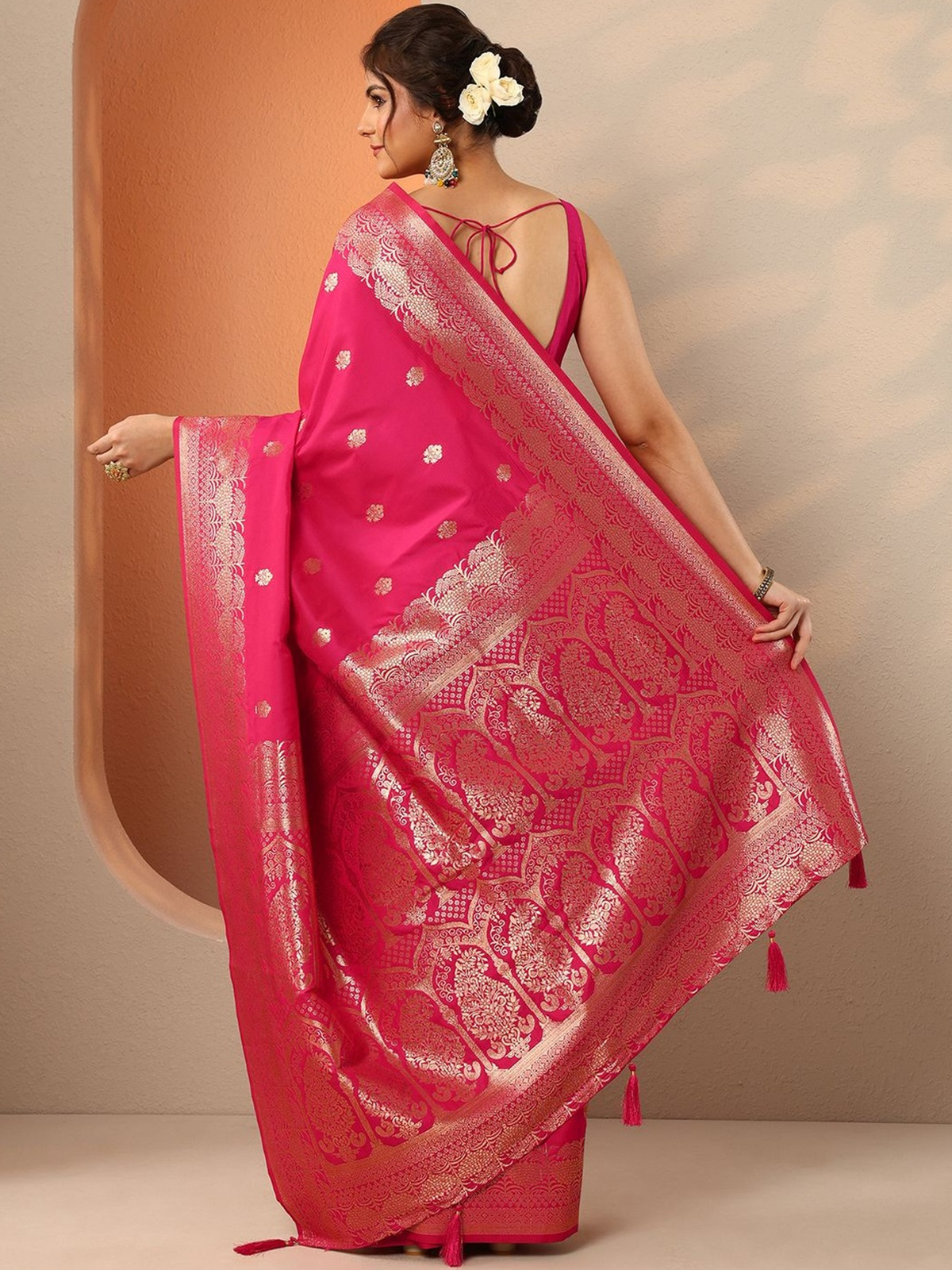 Pink Woven Design Banarasi Saree With Unstitched Blouse Piece aromie